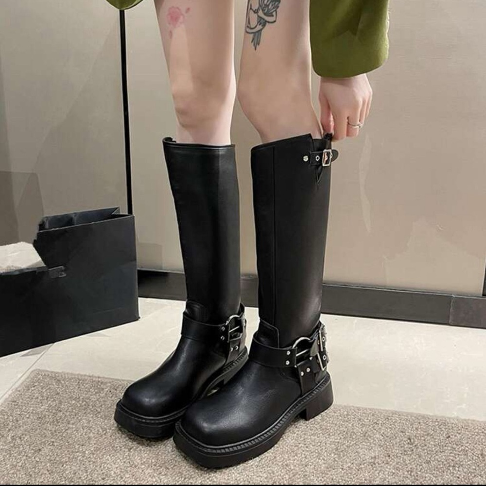 Black Biker Boots Silver Hardware